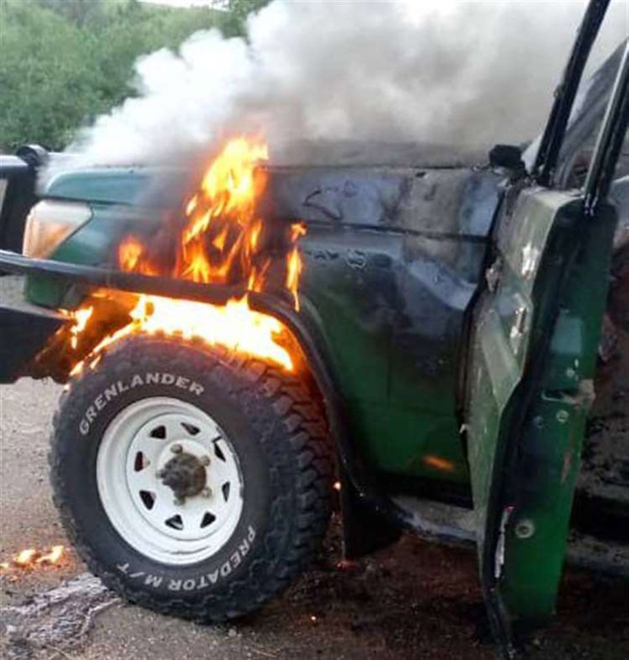 The terrorists torched their car after opening fire