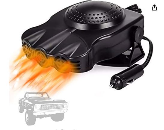 The Showvigor portable car heater plugs into a cigarette lighter and blasts hot and cold air out its 12V fan