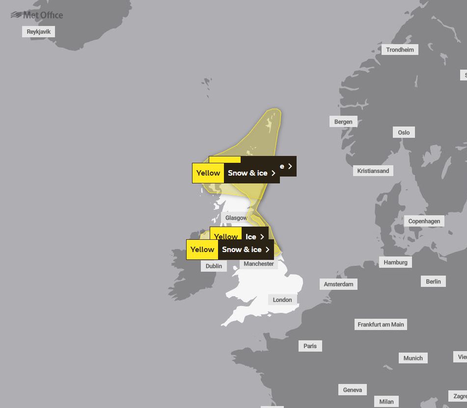 The two alerts cover large parts of Scotland and Yorkshire today, with one continuing into Thursday