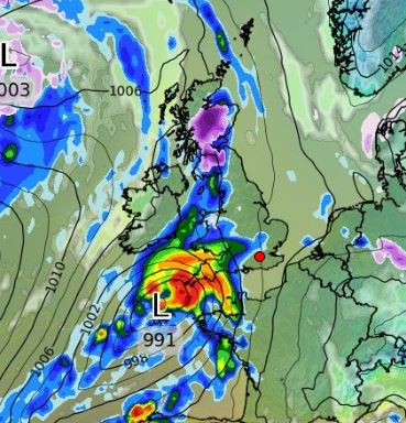 Snow, which is purple on the map, will hit Scotland on Wednesday