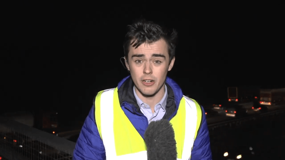 A local news presenter in Kent was battered by fierce winds as he gave a traffic report yesterday