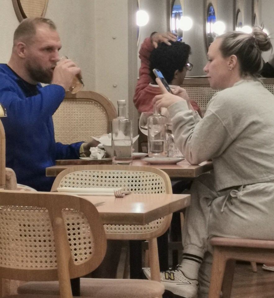 James Haskell takes a sip at lunch with estranged wife Chloe Madeley