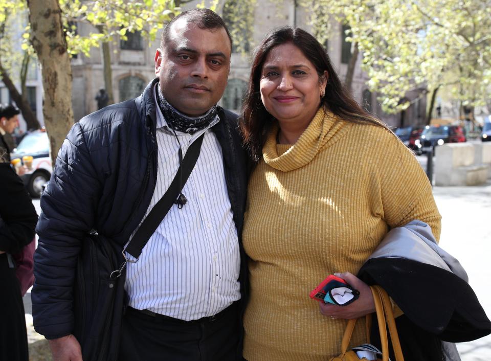 Seema celebrates with her husband Davinder outside the Royal Courts