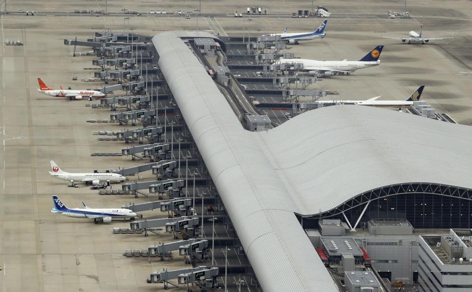 This image shows grounded planes after a temporary closure due to a typhoon