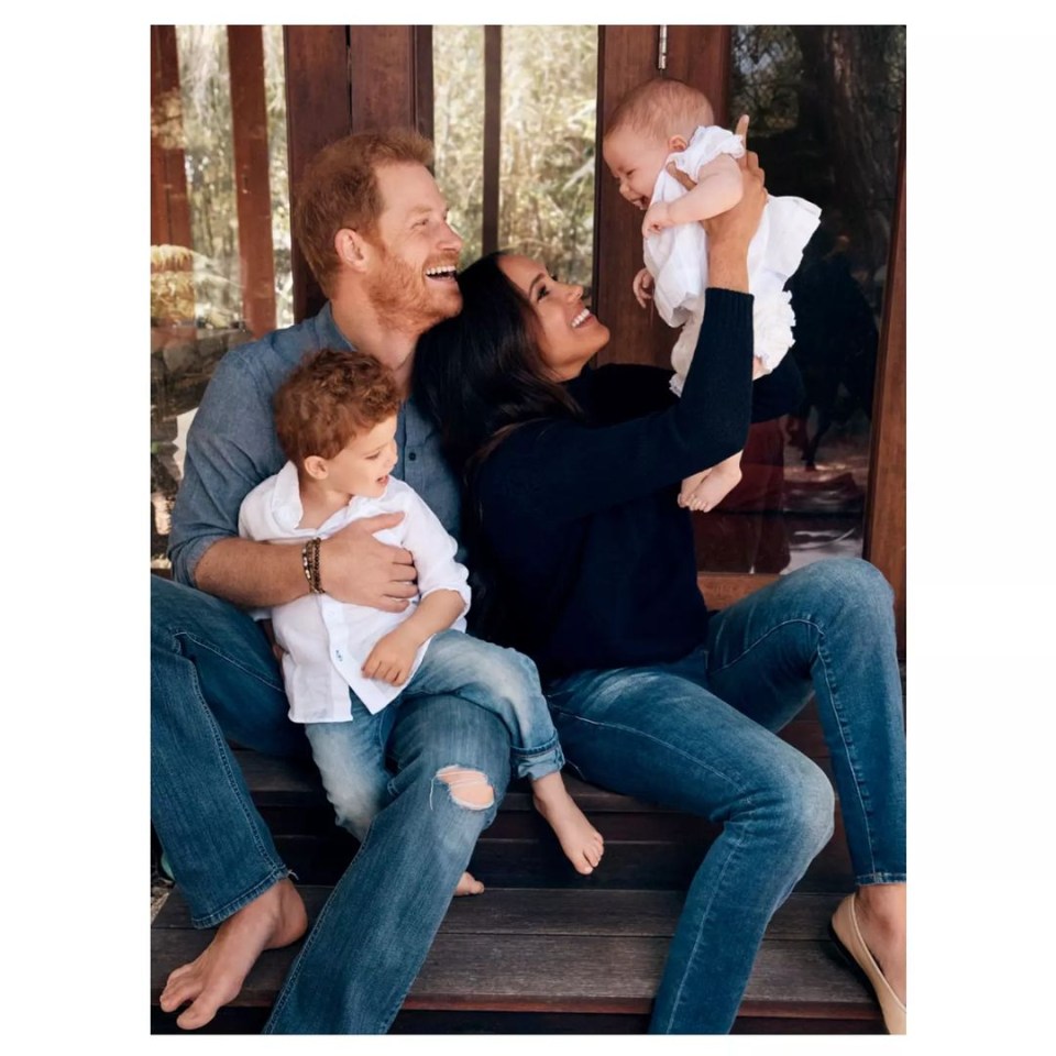 Prince Harry, Meghan Markle, Archie, and Lilibet in a family Christmas photo.