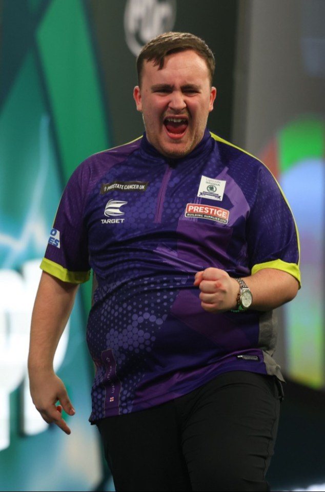 Mandatory Credit: Photo by Shaun Brooks/Action Plus/Shutterstock (14265230o) Luke Littler celebrates a 180 during his match against Andrew Gilding; 21st December 2023, Alexandra Palace, London, England; 2023/24 PDC Paddy Power World Darts Championships Day 7 Evening Session. PDC World Darts Championships, Day 7, London, UK - 21 Dec 2023