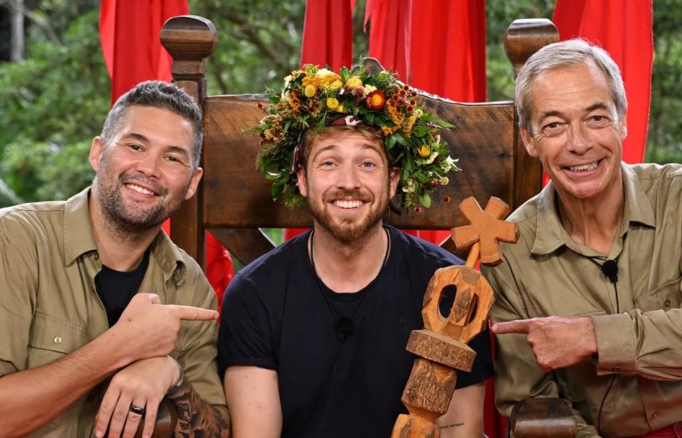 Editorial use only Mandatory Credit: Photo by James Gourley/ITV/Shutterstock (14251637cm) Sam Thompson is crowned King of the Jungle, with Nigel Farage (third) and Tony Bellew (runner-up) 'I'm a Celebrity... Get Me Out of Here!' TV Show, Series 23, Australia - 10 Dec 2023