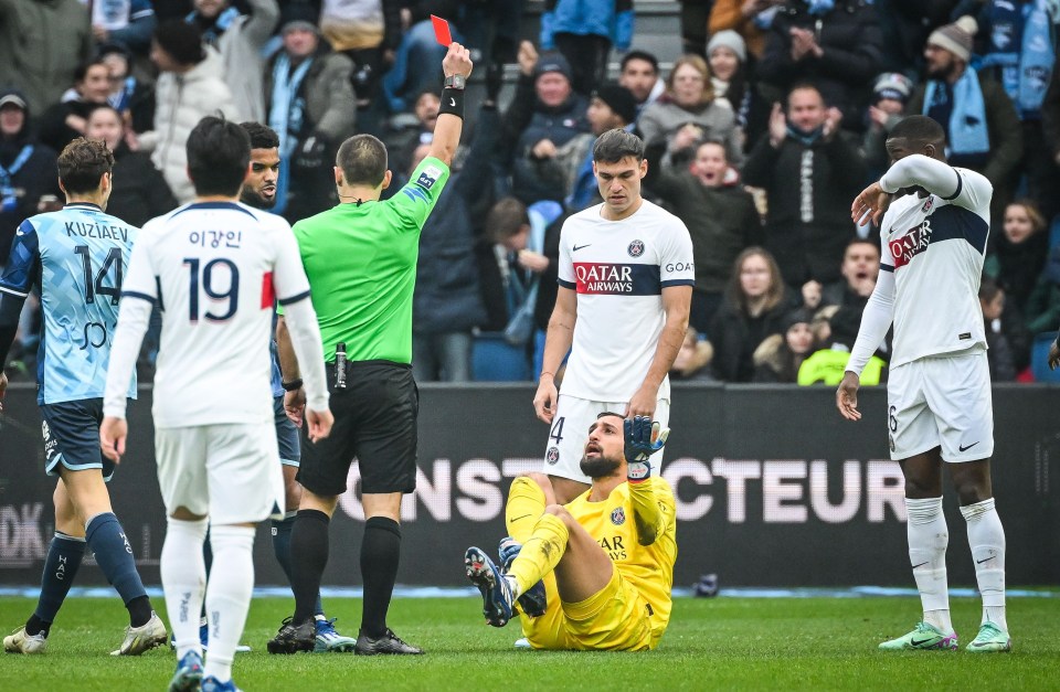 The PSG goalkeeper was dismissed 10 minutes into their clash with Le Havre