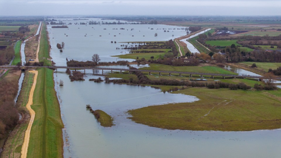 Flooding around the village of Mepal in Cambridgeshire this morning after the New Bedford River burst its banks