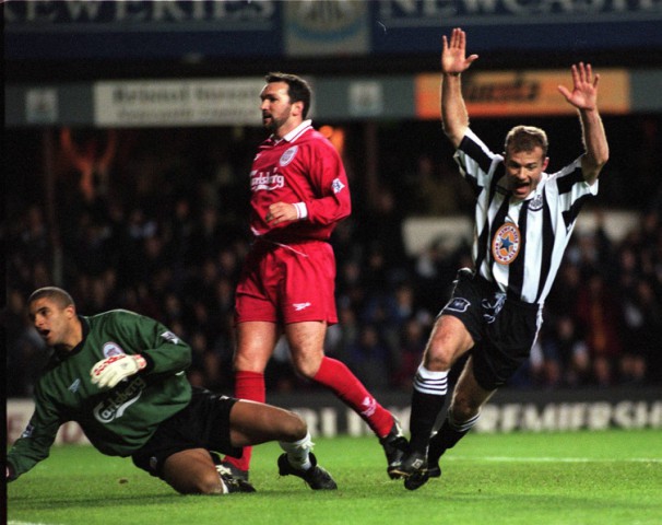 Newcastle United's Alan Shearer celebrates after scoring against Liverpool.