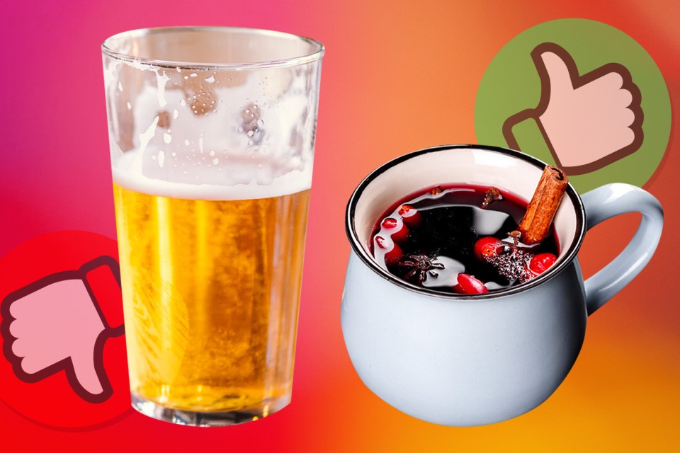 a glass of beer next to a cup of mulled wine