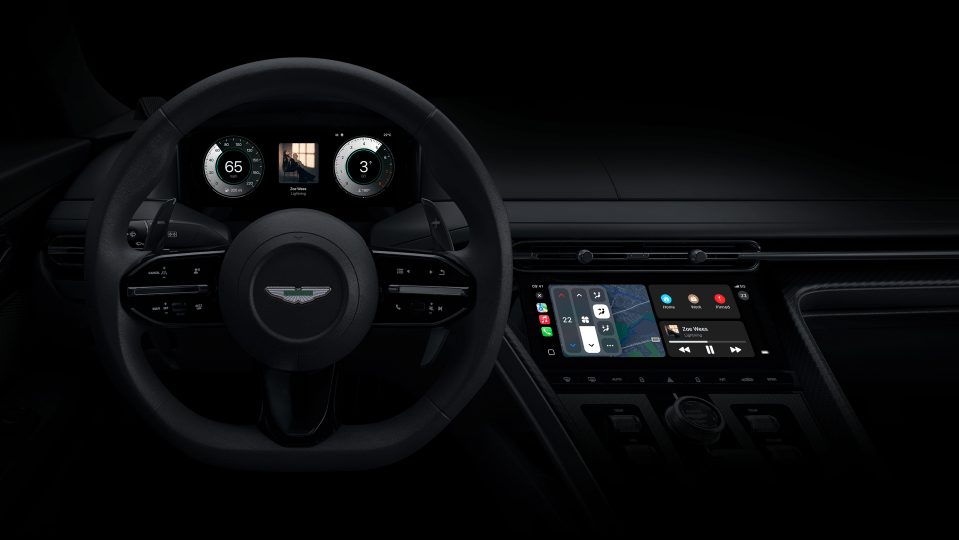 Aston Martin teased this new CarPlay look – look out for the tiny 'hand-built in Great Britain' message in the right gauge on the instrument cluster