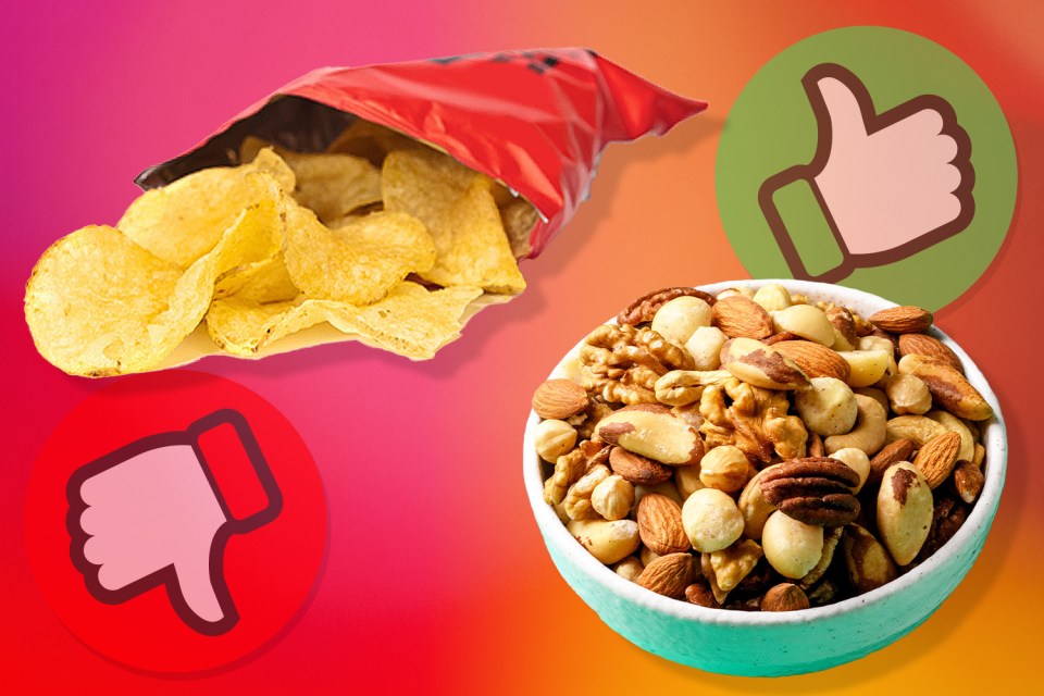 a bag of chips next to a bowl of nuts