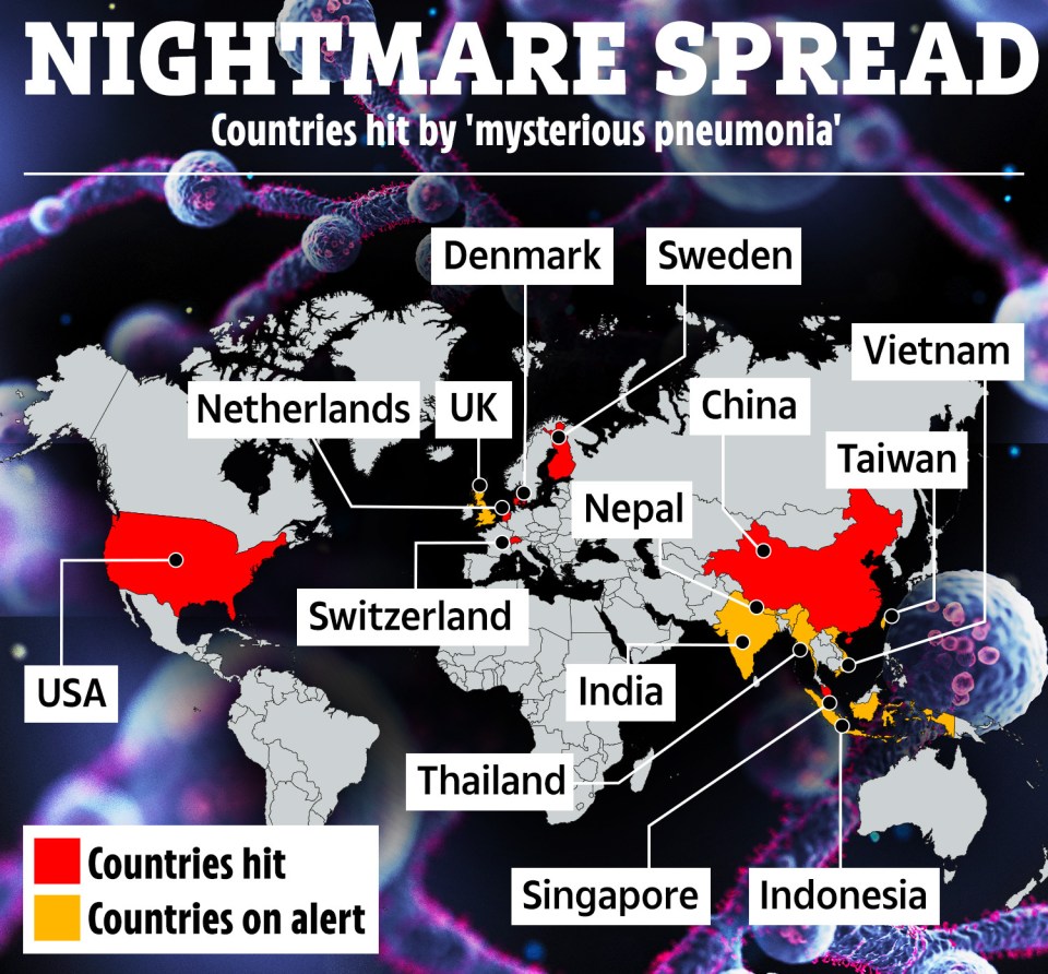 Map reveals the countries hit by cases of pneumonia and those on high alert