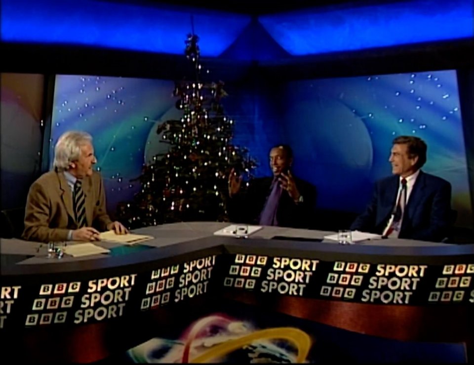 Wright pictured with Des Lynam and Trevor Brooking on his debut appearance