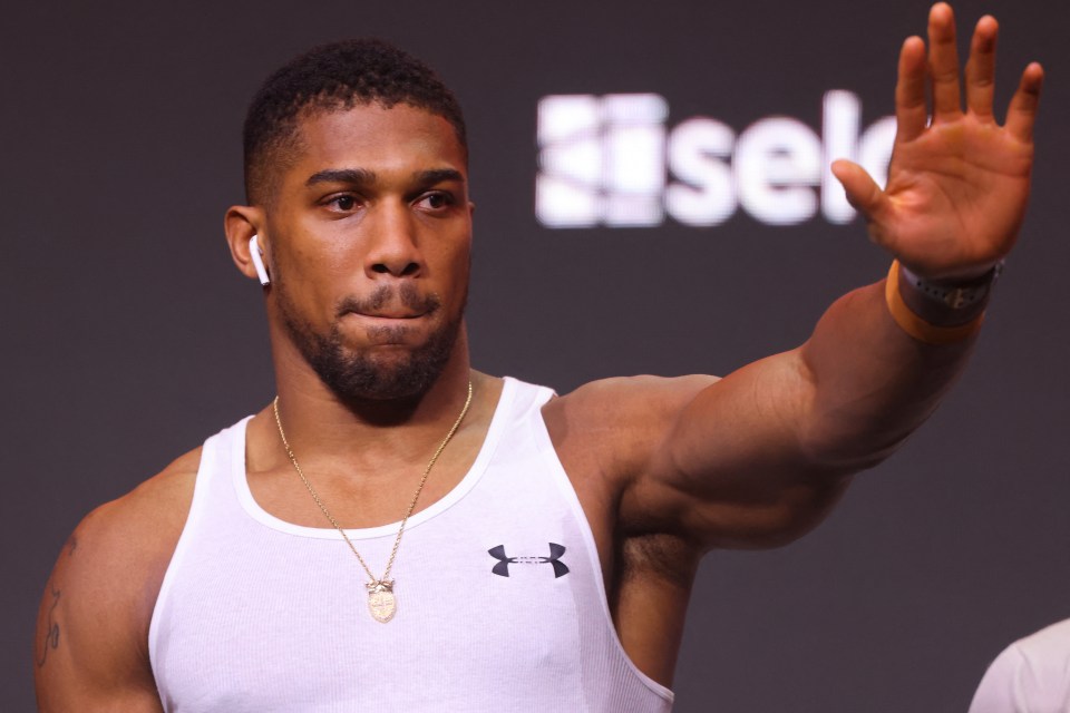 Britain's Anthony Joshua greets the fans ahead of a weigh-in event, on the eve of his match against Sweden's Otto Wallin (not pictured), in Riyadh on December 22, 2023. (Photo by Fayez NURELDINE / AFP) (Photo by FAYEZ NURELDINE/AFP via Getty Images)