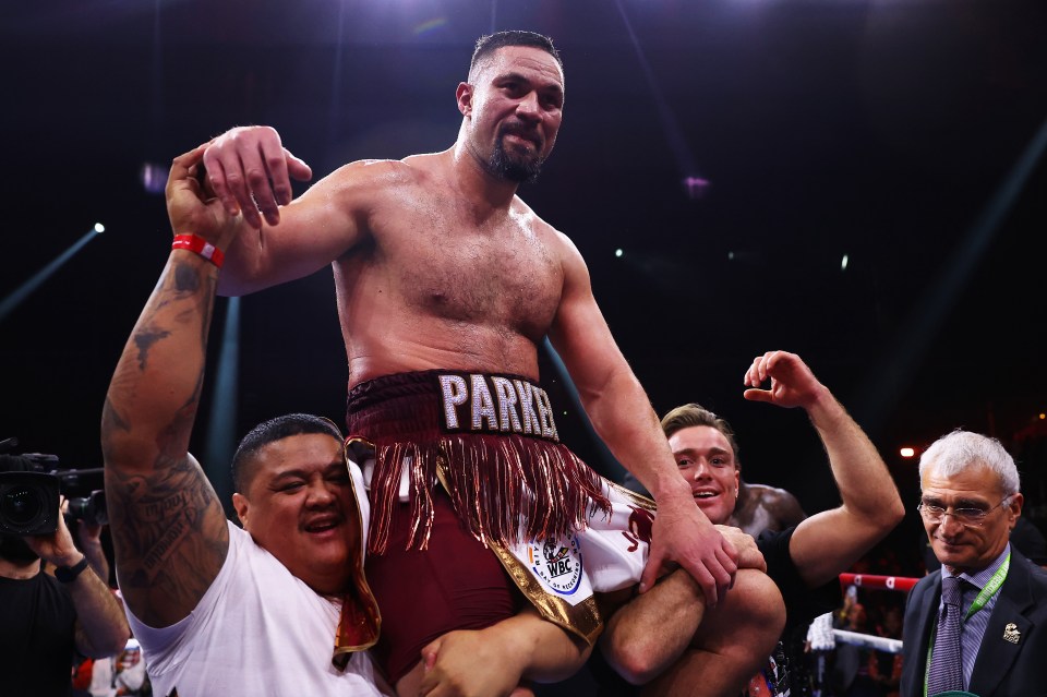 RIYADH, SAUDI ARABIA - DECEMBER 23: Joseph Parker celebrates victory following the WBC International & WBO Intercontinental Heavyweight title fight between Deontay Wilder and Joseph Parker during the Day of Reckoning: Fight Night at Kingdom Arena on December 23, 2023 in Riyadh, Saudi Arabia. (Photo by Richard Pelham/Getty Images)