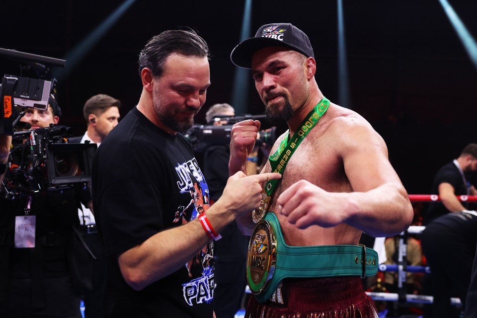 RIYADH, SAUDI ARABIA - DECEMBER 23: Joseph Parker celebrates victory with Coach Andy Lee following the WBC International & WBO Intercontinental Heavyweight title fight between Deontay Wilder and Joseph Parker during the Day of Reckoning: Fight Night at Kingdom Arena on December 23, 2023 in Riyadh, Saudi Arabia. (Photo by Richard Pelham/Getty Images)