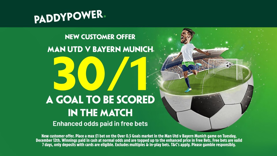 Get 30/1 for a goal to be scored in Man Utd vs Bayern Munich in Champions League