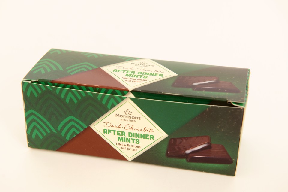 Chocolate after eight alternatives * Pics - Adrian Sherratt - 07976 237651 .Christmas consumer test of chocalate mint thins with Laura Stott (1 Dec 2023)..- Morrisons After Dinner Mints..