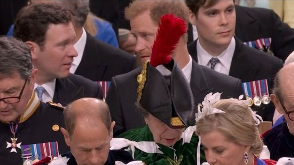 Harry failed to be given a front row seat at his father’s coronation, with his view blocked by Princess Anne’s plumed hat