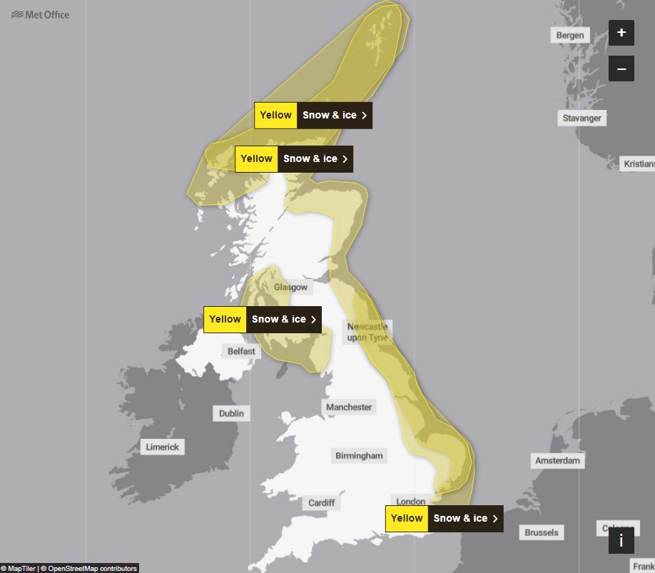 The Met Office has updated its yellow weather warnings for Friday as the freezing temperatures continue