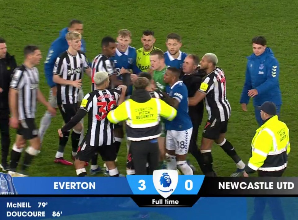 Newcastle and Everton players were involved in a 13-man row