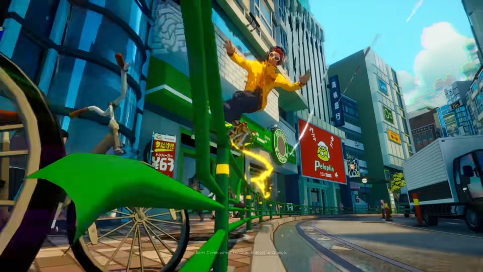 a video game shows a man riding a skateboard in front of a building with a sign that says pokelanta