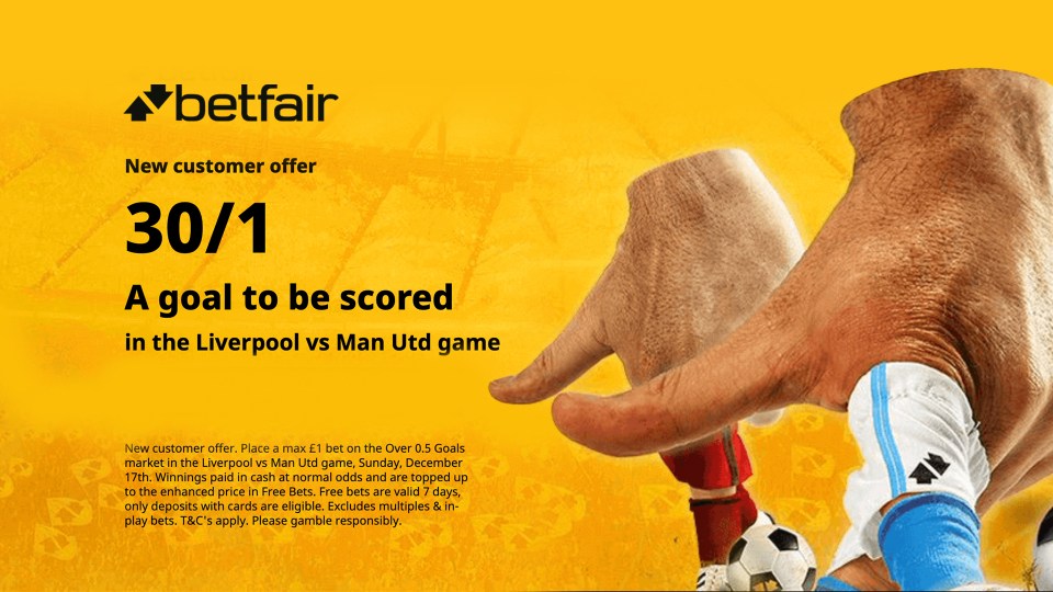 Liverpool vs Man Utd odds: Get 30/1 for 1+ goal to be scored with Betfair