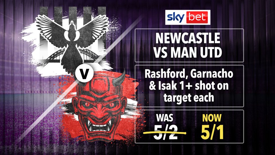 Newcastle vs Man Utd: Get Rashford, Garnacho and Isak 1+ SoT each at 5/1