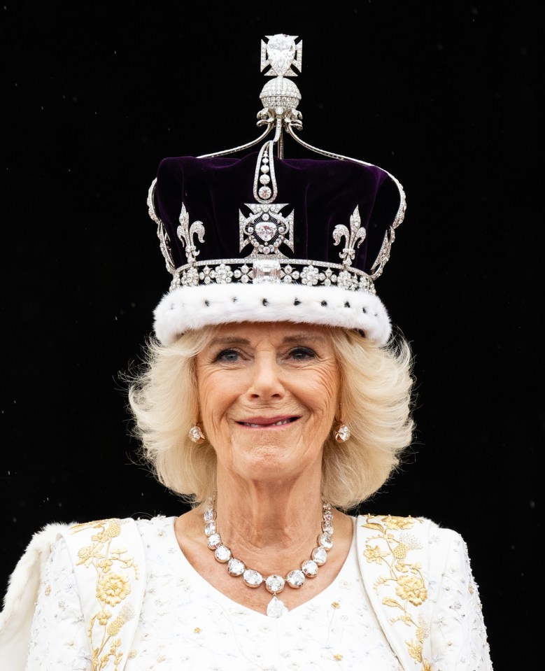 LONDON, ENGLAND - MAY 06: Queen Camilla on the balcony of Buckingham Palace following the Coronation of King Charles III and Queen Camilla on May 06, 2023 in London, England. The Coronation of Charles III and his wife, Camilla, as King and Queen of the United Kingdom of Great Britain and Northern Ireland, and the other Commonwealth realms takes place at Westminster Abbey today. Charles acceded to the throne on 8 September 2022, upon the death of his mother, Elizabeth II. (Photo by Pool/Samir Hussein/WireImage)