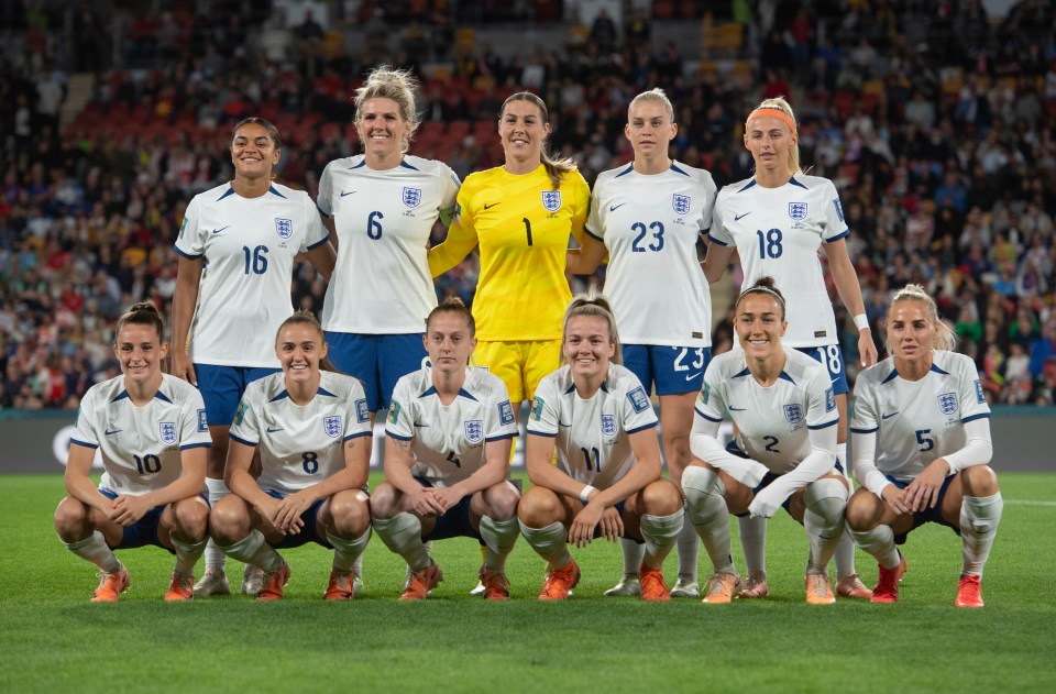 BRISBANE, AUSTRALIA - JULY 22: (Back row from left to right) Jessica Carter, Millie Bright, Mary Earps, Alessia Russo, Chloe Kelly, (front row from left to right) Ella Toone, Georgia Stanway, Keira Walsh, Lauren Hemp, Lucy Bronze and Alex Greenwood of England line up for team photos ahead of the FIFA Women's World Cup Australia & New Zealand 2023 Group D match between England and Haiti at Brisbane Stadium on July 22, 2023 in Brisbane, Australia. (Photo by Joe Prior/Visionhaus via Getty Images)