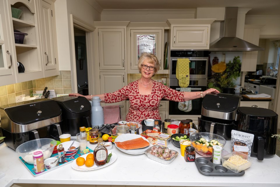 Beverley Jarvis who is cooking a full Christmas dinner just using air fryers. Ashford, Kent. See SWNS story SWTPairfryer. Meet the great-grandmother will be cooking her entire Christmas dinner in an air fryer this year because its 'cheaper, easier - and makes the best ever roast potatoes'. Beverley Jarvis, 74, is a cooking a festive three-course meal for eight using her Instant Vortex Plus machine. An air fryer expert, she hopes to convert the nation - and has already had the backing of Great British Bake Off star Prue Leith. Beverley, from Ashford Kent, started using the kitchen gadget after her son bought her one - and quickly fell in love.