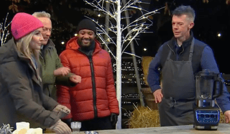 JB Gill couldn't help but giggle at the hilarious gift whilst Timothy Bilton looked perplexed