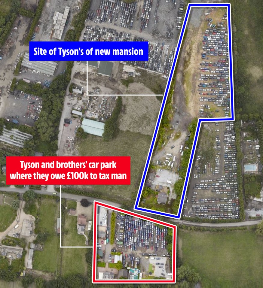 This aerial view shows how the land is packed with dozens of vehicles