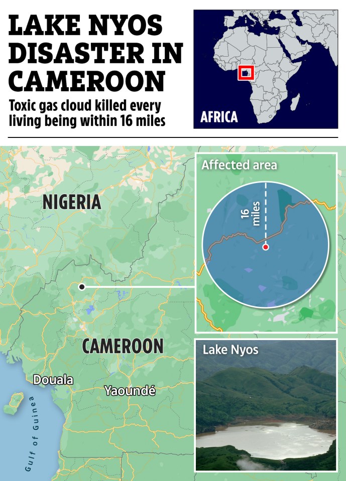 The carbon dioxide produced by the lake killed everything within 16 miles radius