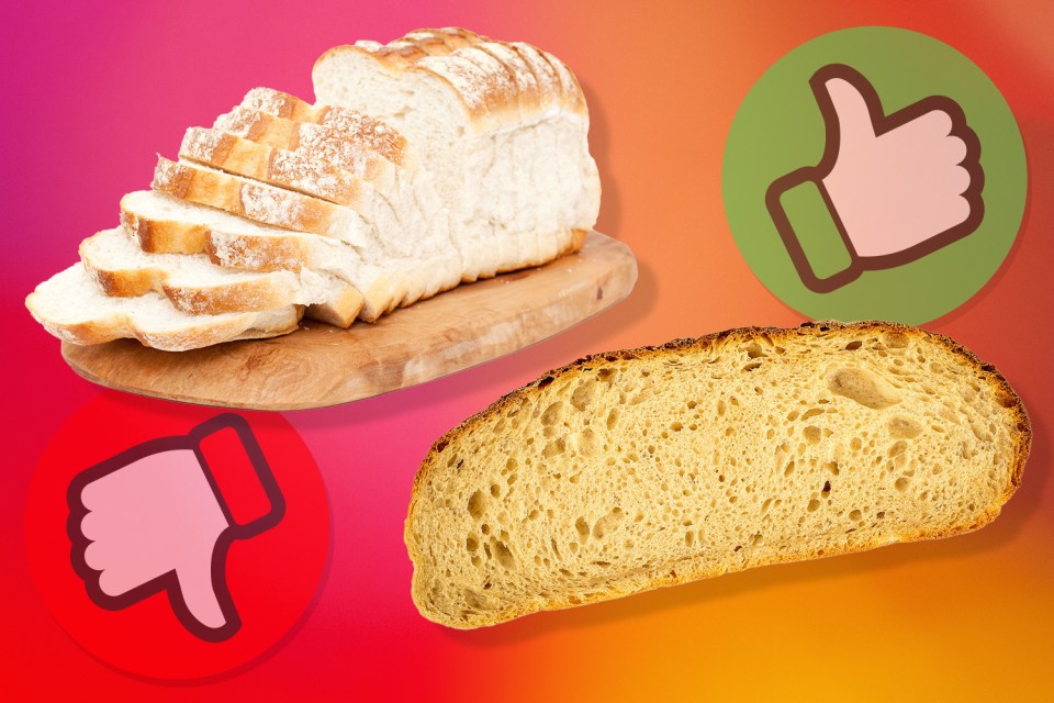 a slice of bread is next to a thumbs down sign and a thumbs up sign