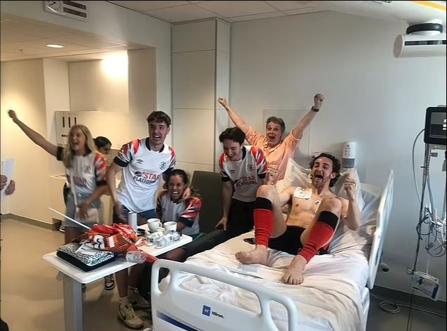 The star posted this shot of himself and family celebrating from hospital after the win