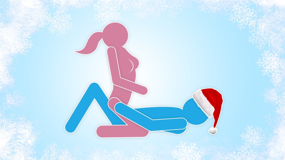 Illustration of a couple in a cowgirl sex position; the man is wearing a Santa hat.