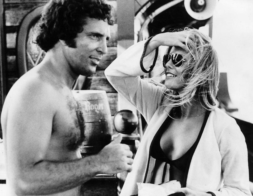 Tom Jones with Miss World Marjorie Wallace on a film set