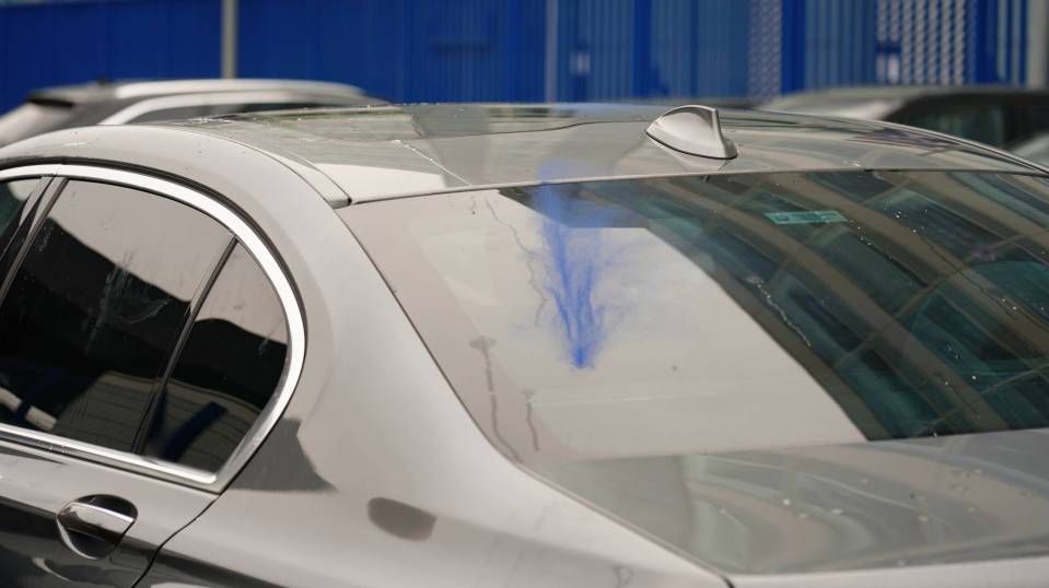 A blue flare struck the back windscreen of the motor