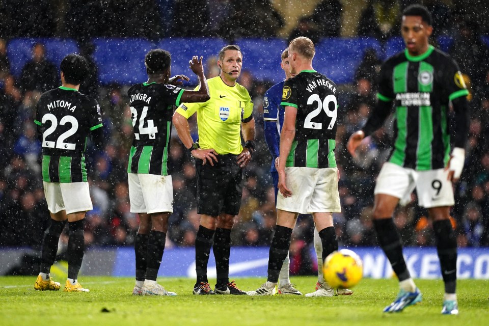 Brighton players appeal before a VAR decision is overturned at Stamford Bridge