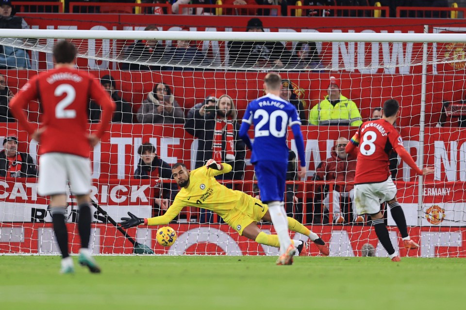 Bruno Fernandes had a penalty saved by Robert Sanchez