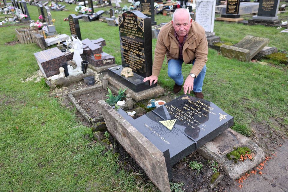 The headstone of Derek Armstrong's triplet sons was also removed