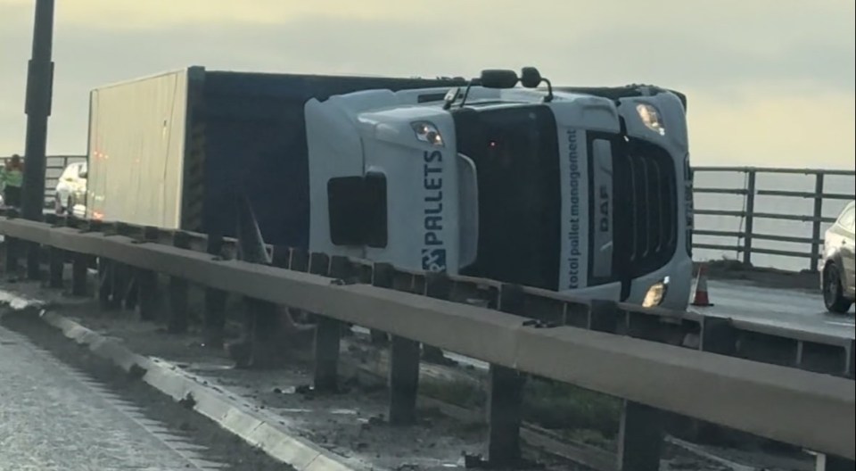 A lorry was flipped over by the wind on the M60 near Manchester