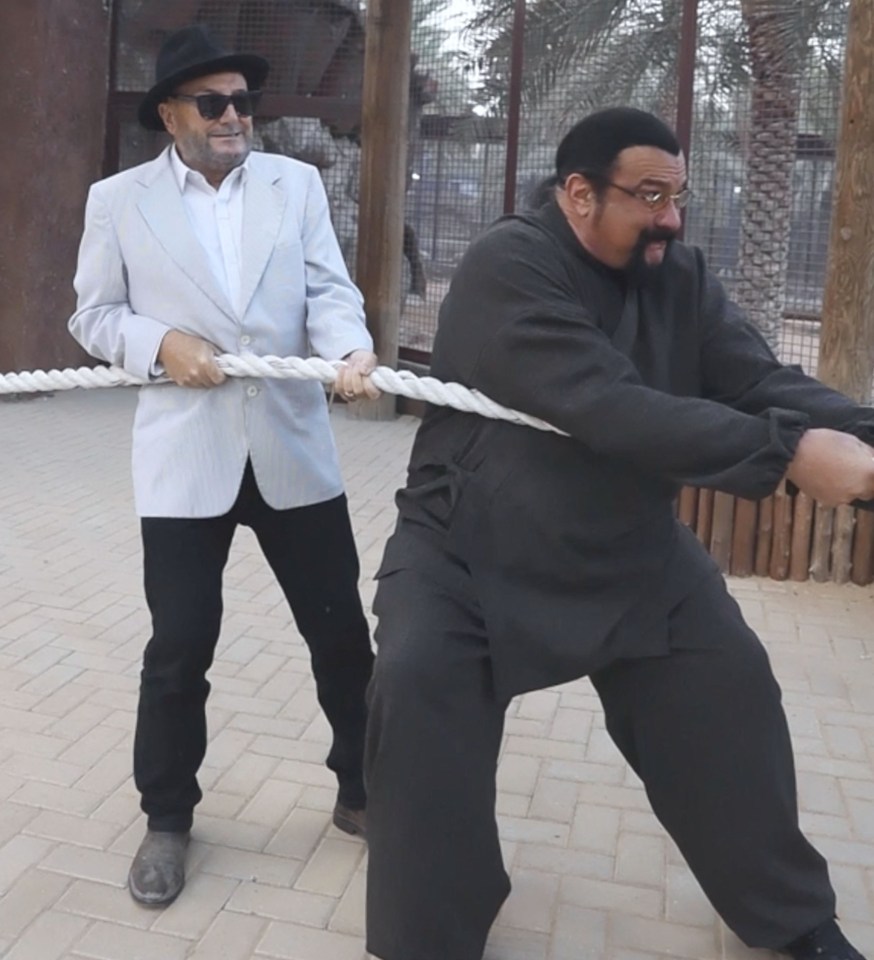 Unlikely pals Steven Seagal and George Galloway paid a visit to a private zoo in Dubai