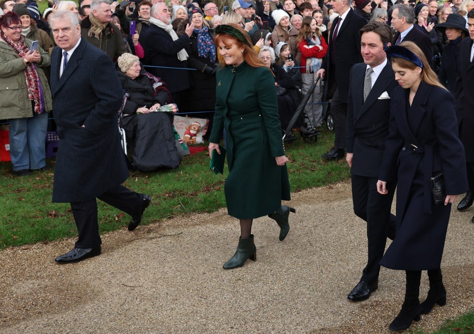 Prince Andrew, Sarah, Duchess of York, Edoardo Mapelli Mozzi and Princess Beatrice arrive for the service