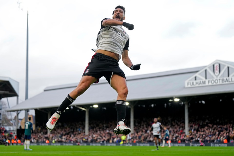 Fulham’s Raul Jimenez celebrates after scoring v Arsenal