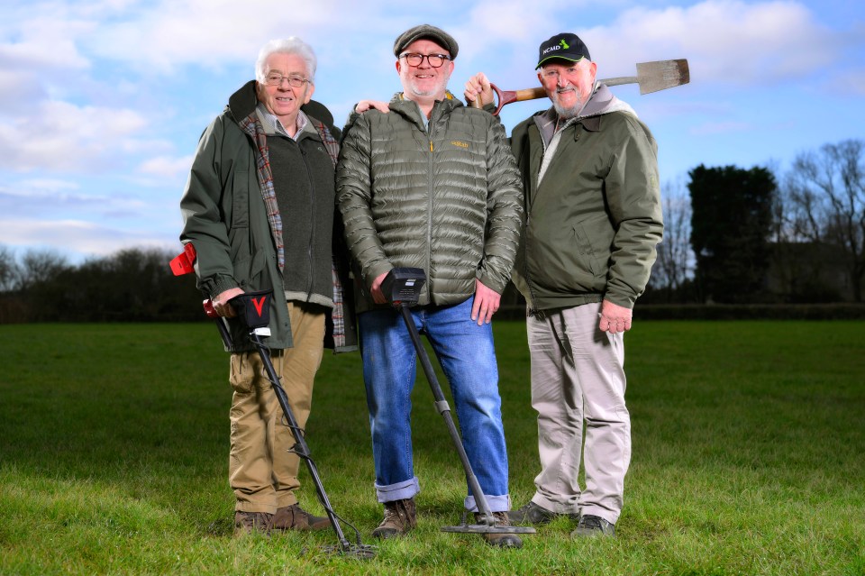 Metal Detectorists Paul Ibbotson (centre), Harold Gaskell (L) and William Hargreaves(R) who discovered a large hoard of rare 1066 King Harold coins