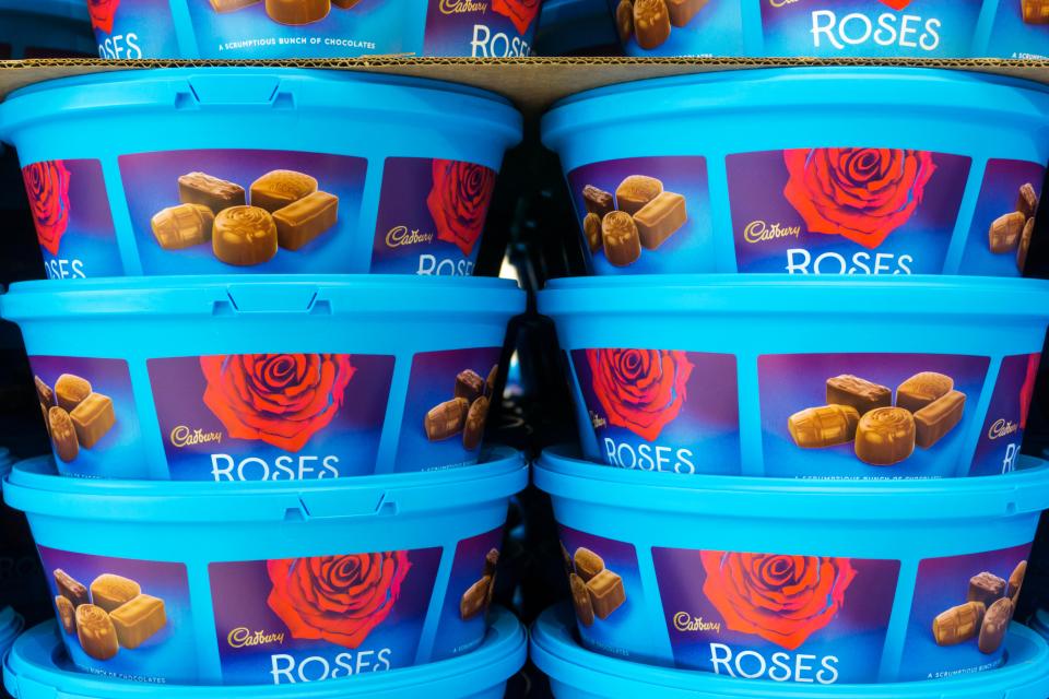 Cadbury Roses chocolates waiting to be sold for Christmas.